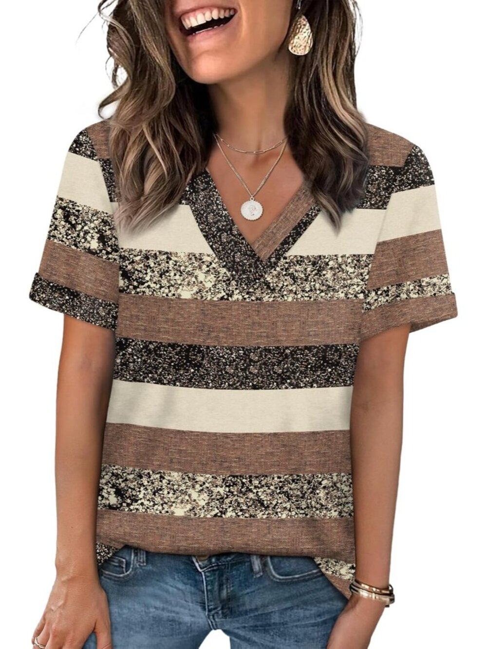 🆕Women's Brown Tan Stripe Tops Short Sleeve Basic Casual V Neck T Shirts Trendy